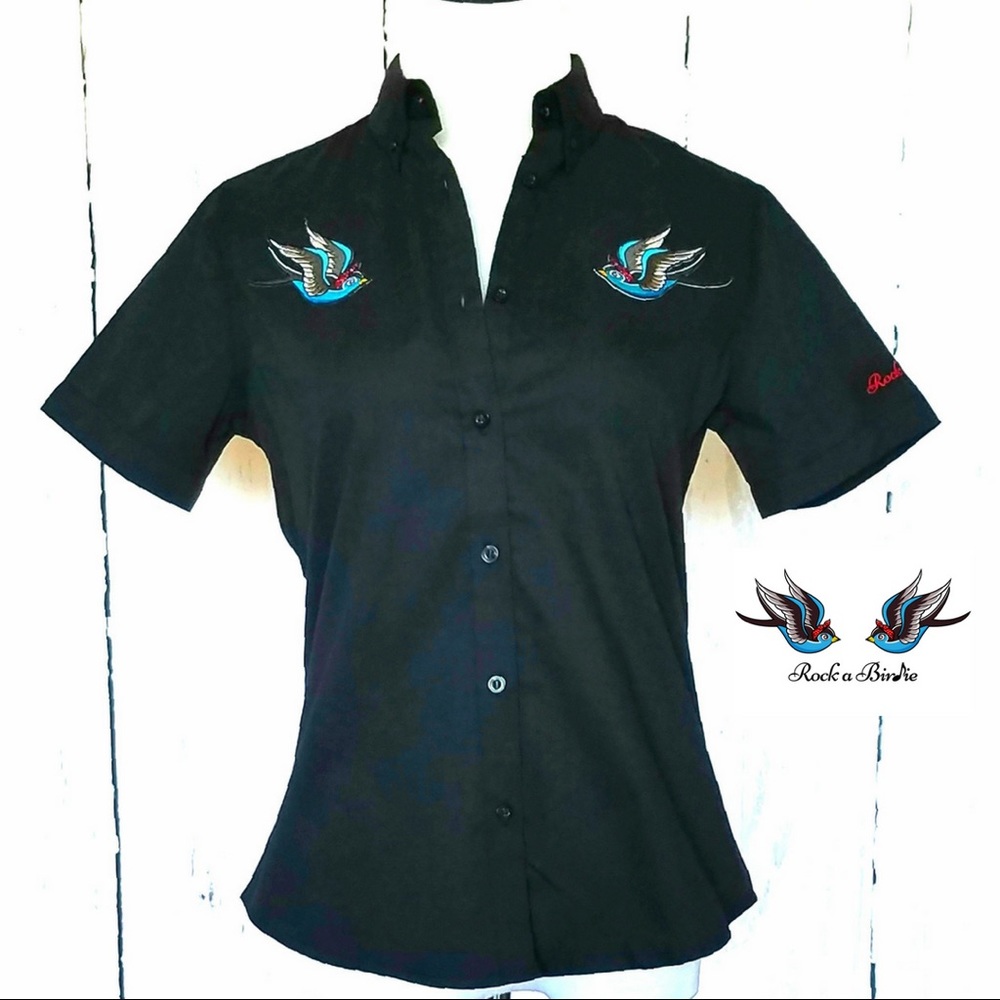 Rockabilly vintage inspired top w/ swallow patches